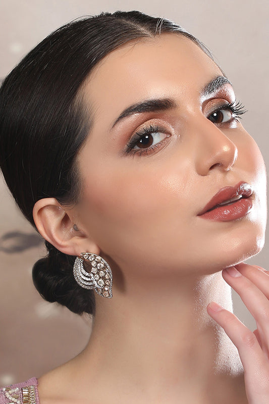 Crescent Diamond Stone Stud Earrings 