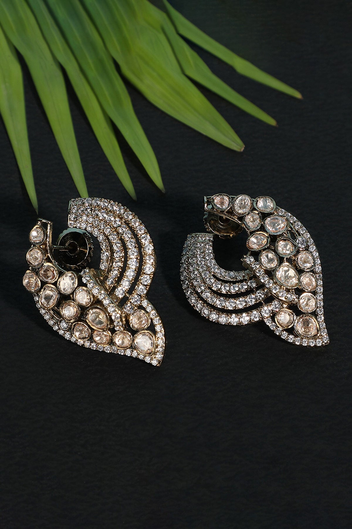 Crescent Diamond Stone Stud Earrings 
