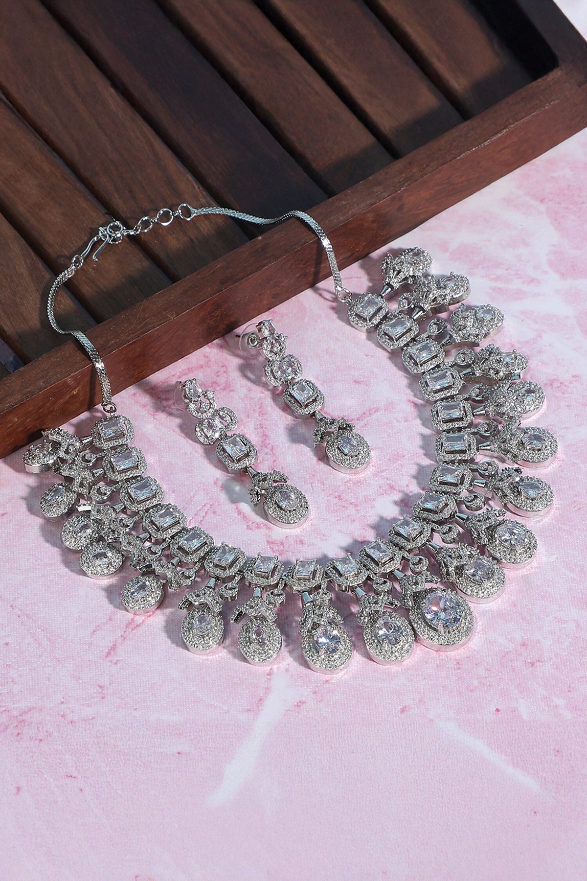Diamond Stone Embellished Necklace & Earring Set 