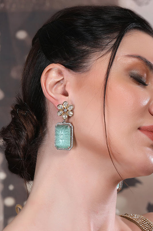Mint Stone Floral Kundan Earrings 