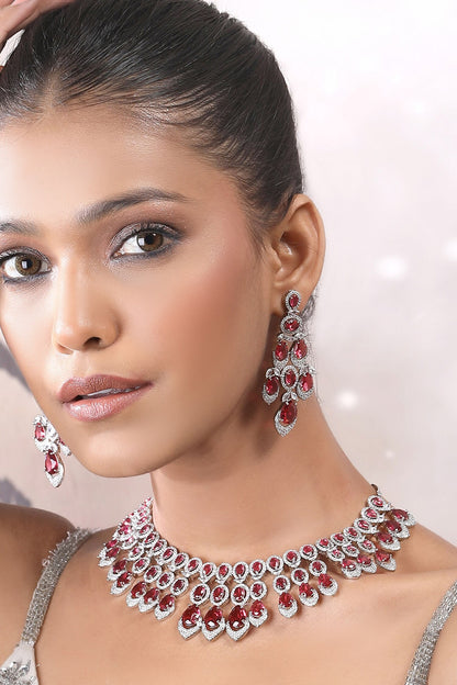 Faux Diamond & Ruby Stone Necklace Set 