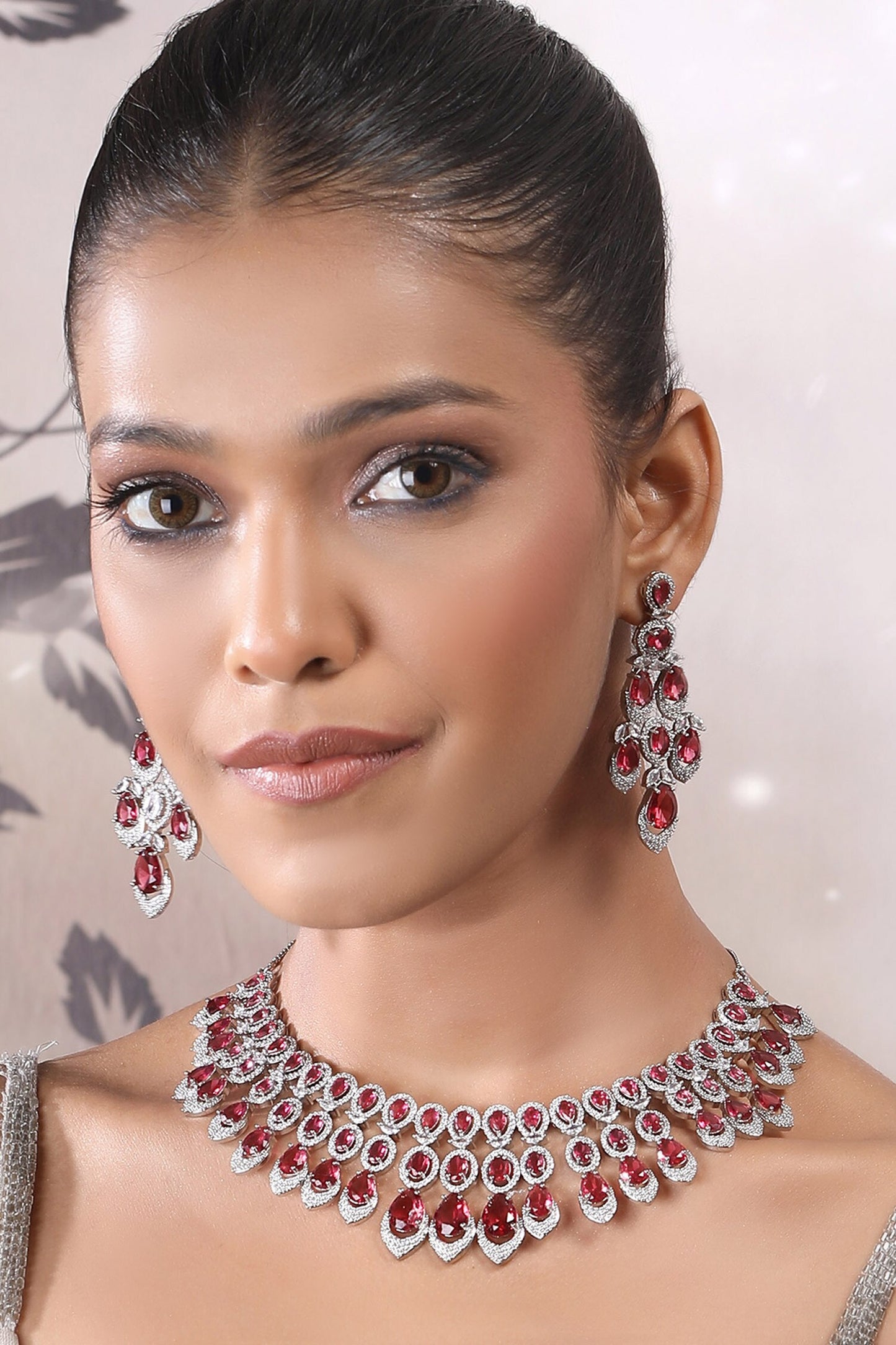 Faux Diamond & Ruby Stone Necklace Set 