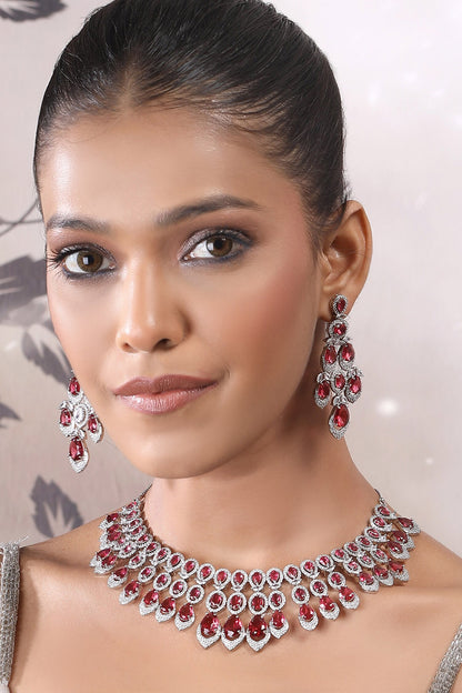 Faux Diamond & Ruby Stone Necklace Set 