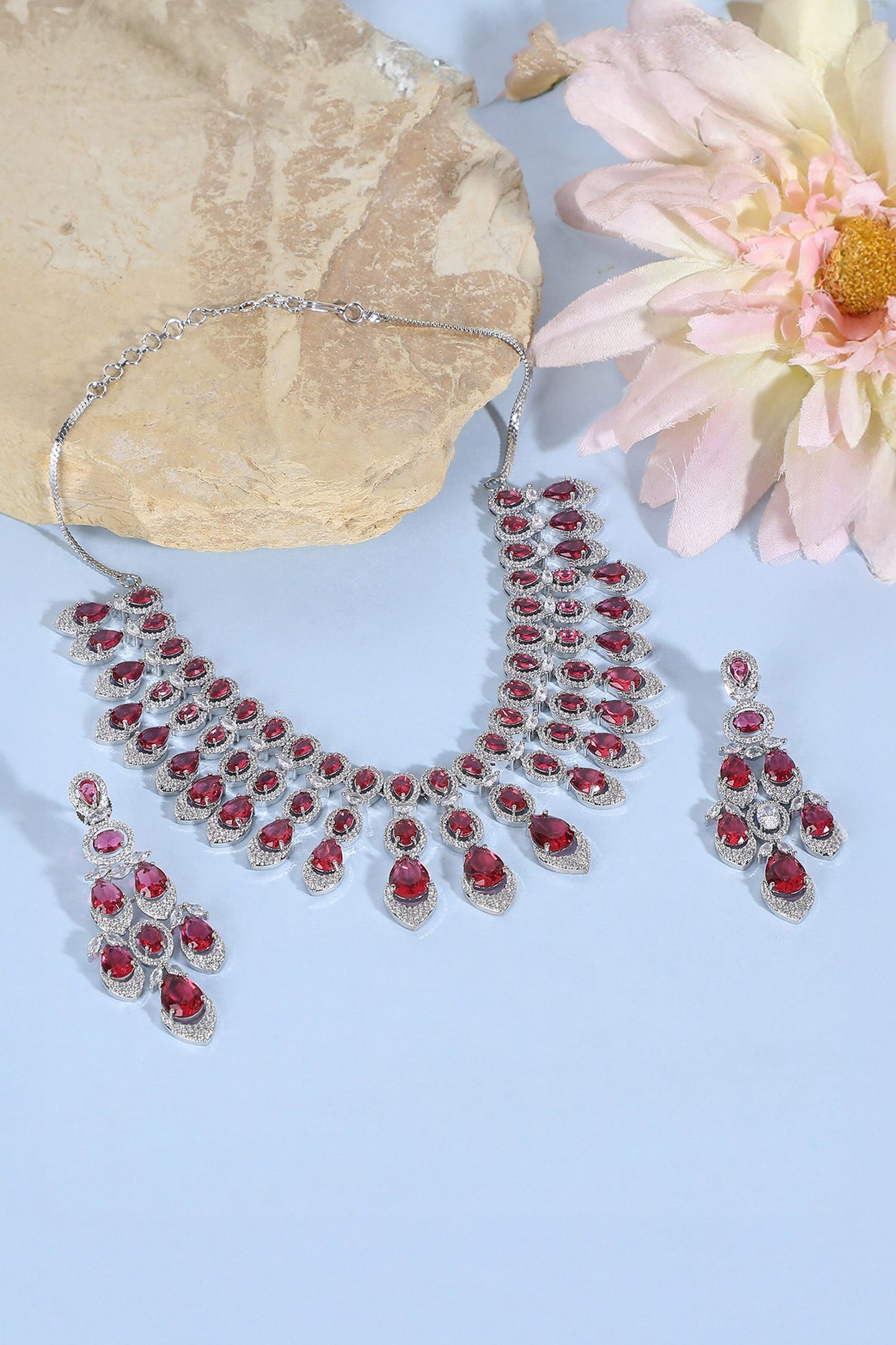 Faux Diamond & Ruby Stone Necklace Set 