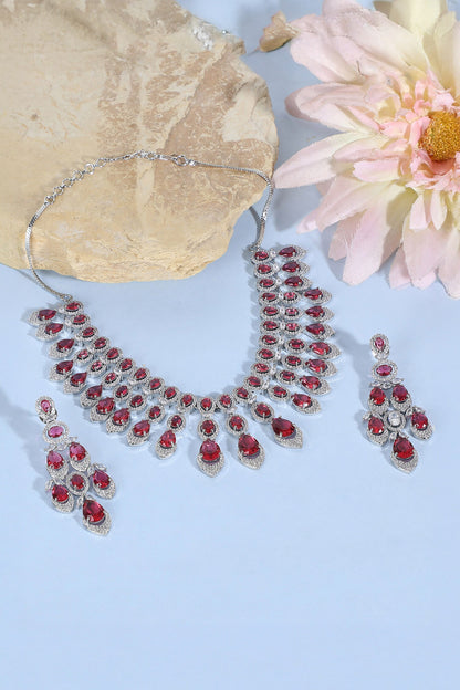 Faux Diamond & Ruby Stone Necklace Set 