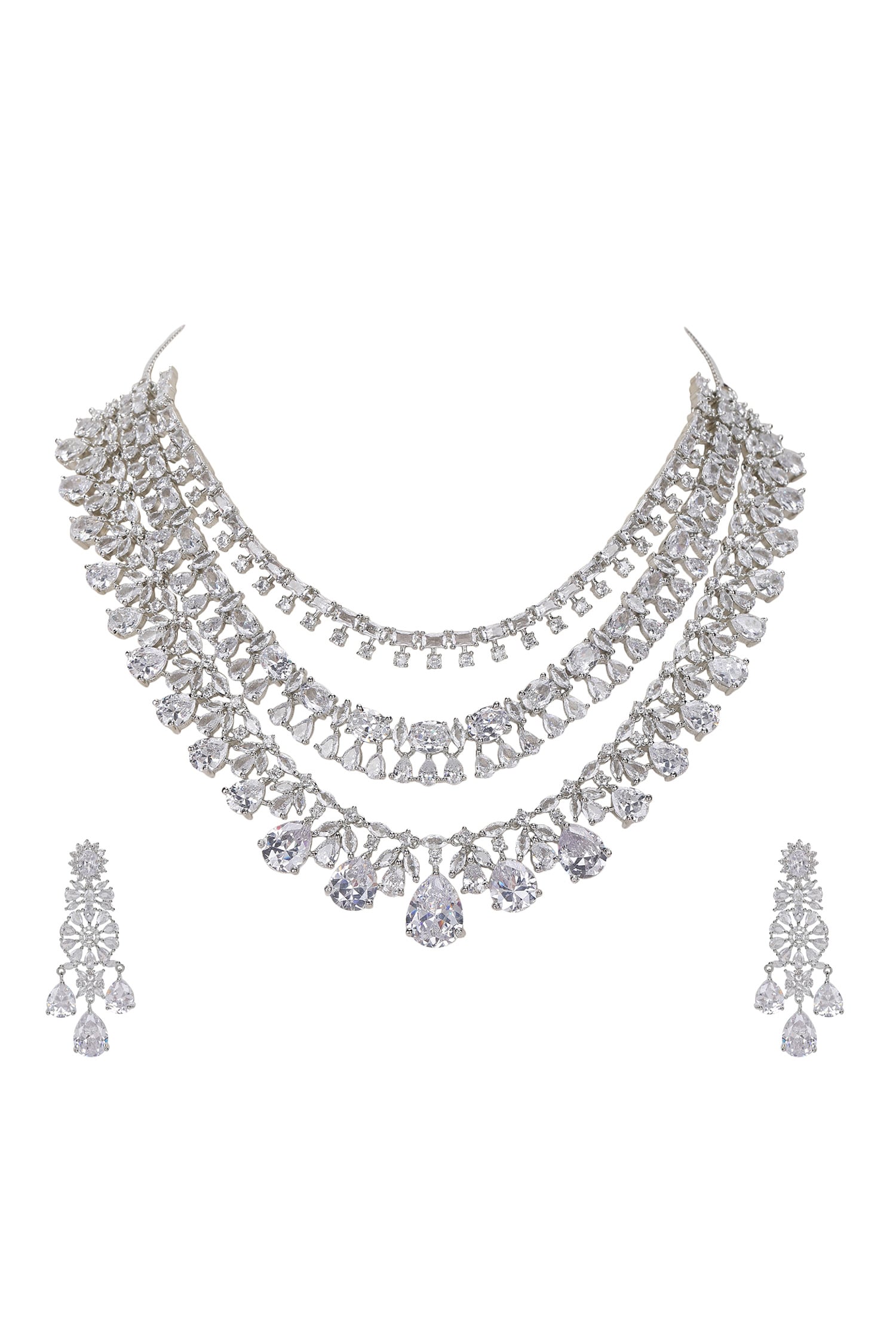 Silver Faux Diamond Layered Necklace Set 