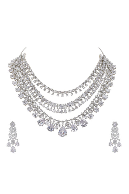 Silver Faux Diamond Layered Necklace Set 