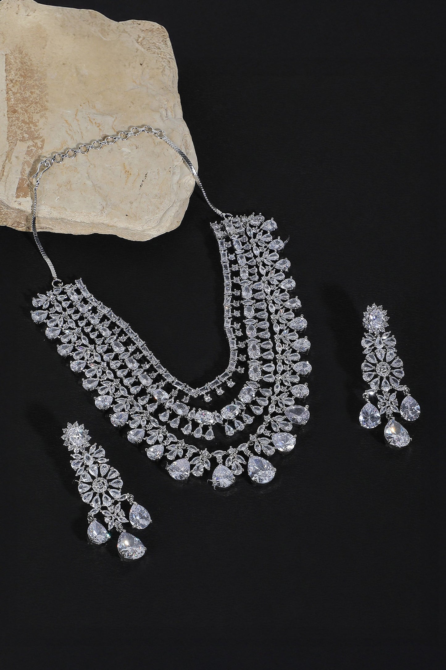 Silver Faux Diamond Layered Necklace Set 