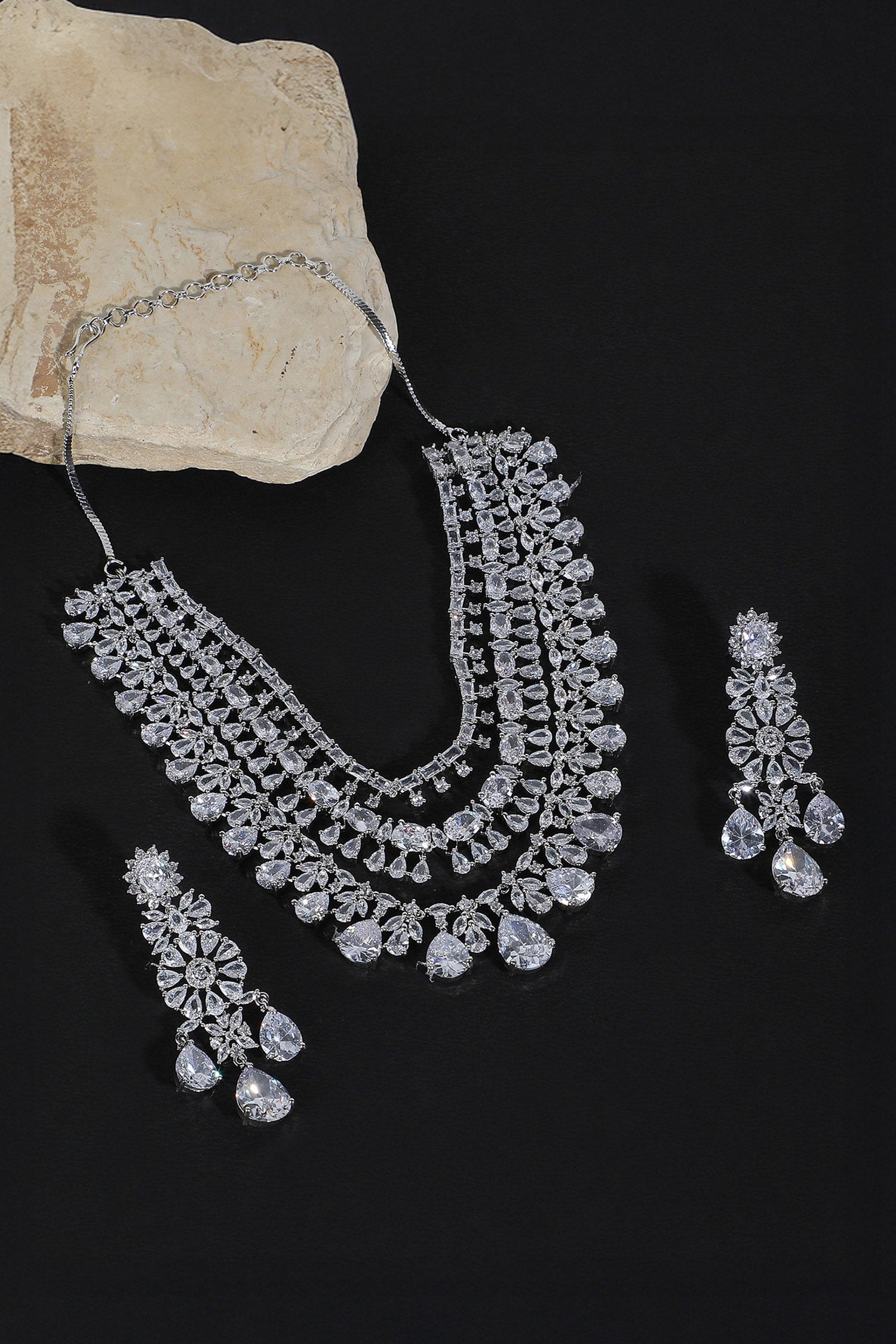 Silver Faux Diamond Layered Necklace Set 