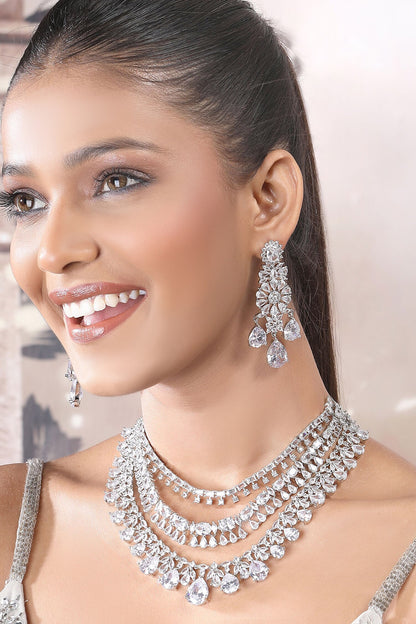 Silver Faux Diamond Layered Necklace Set 