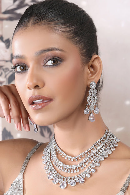 Silver Faux Diamond Layered Necklace Set 