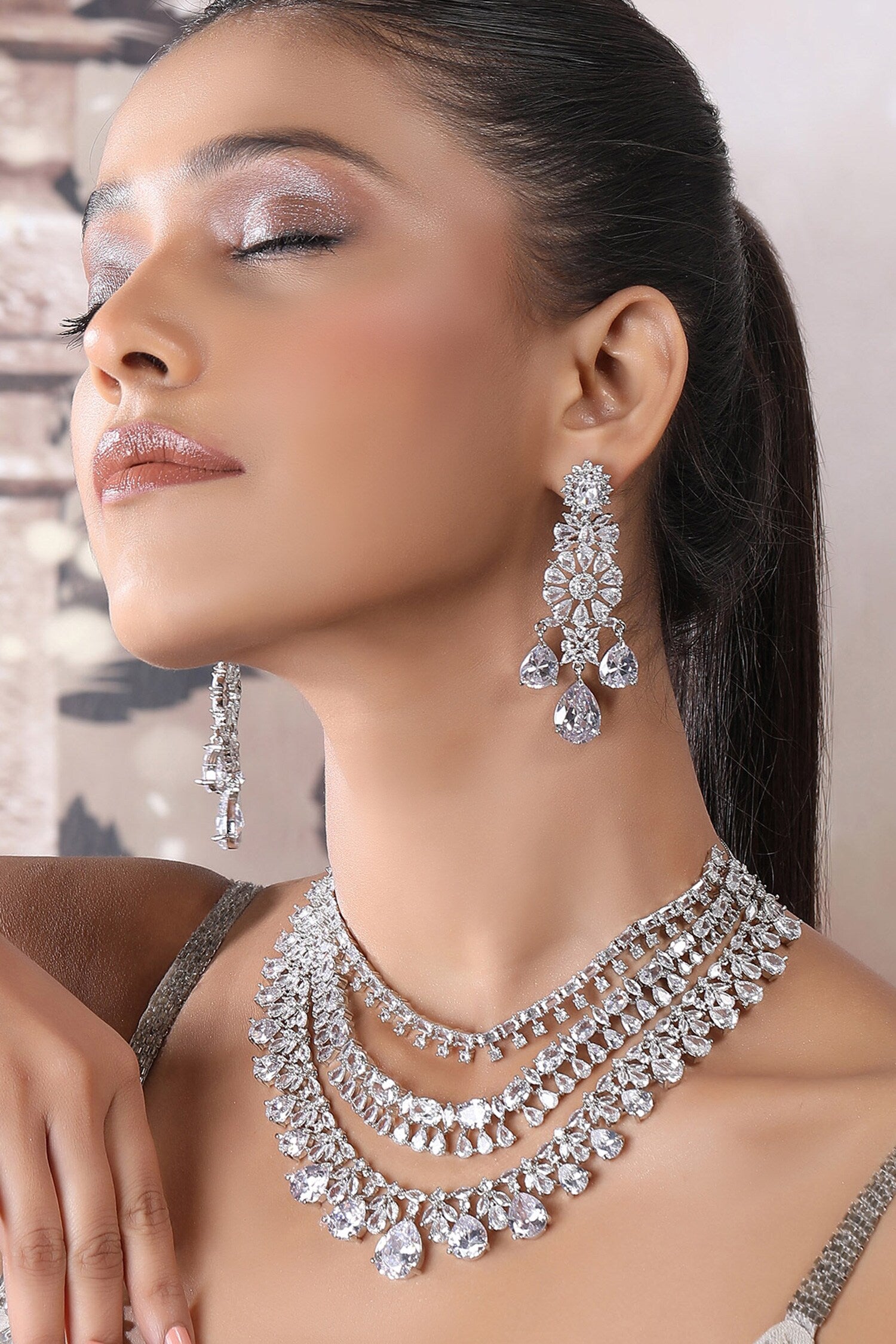 Silver Faux Diamond Layered Necklace Set 