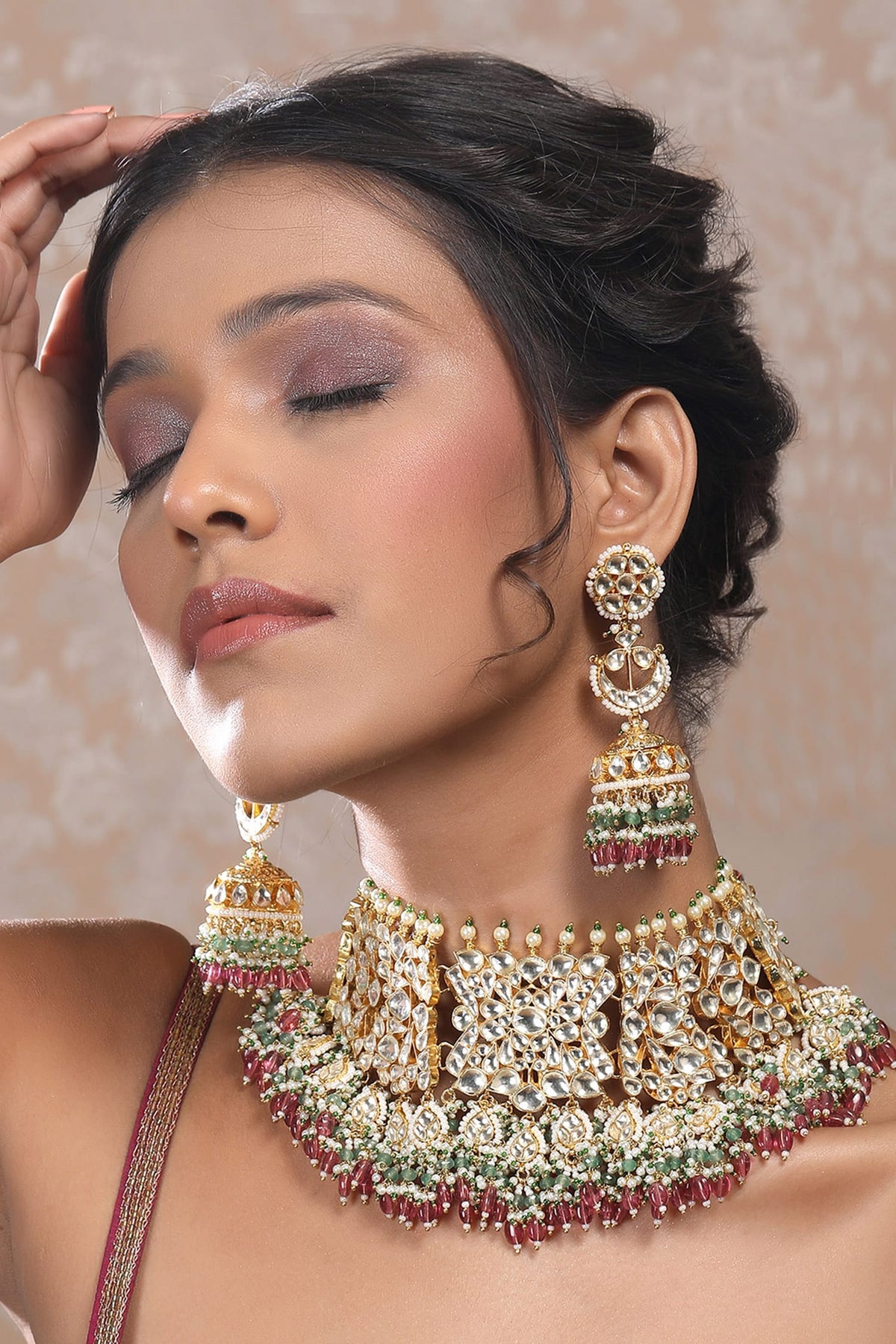 Polki Bead Embellished Choker Necklace Set 