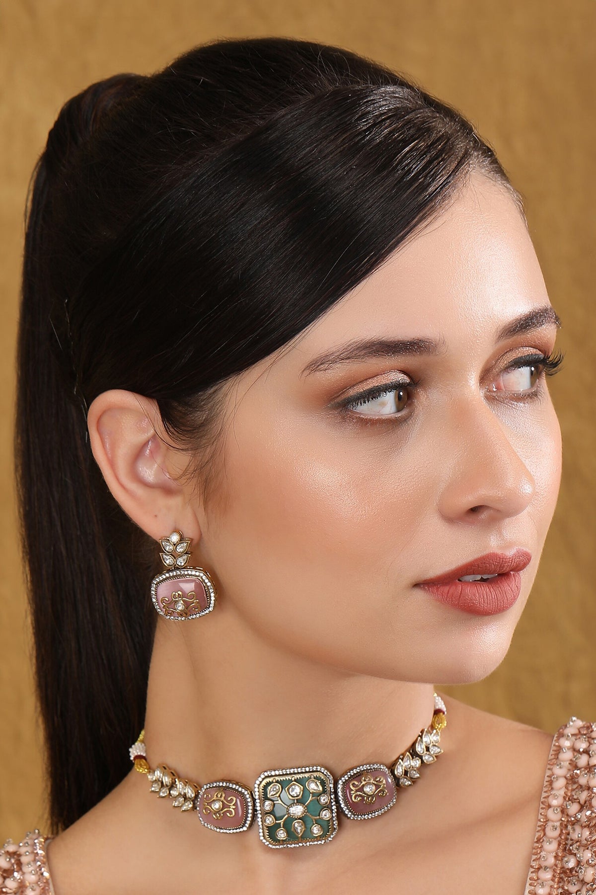Kundan Stone Embellished Necklace Set 