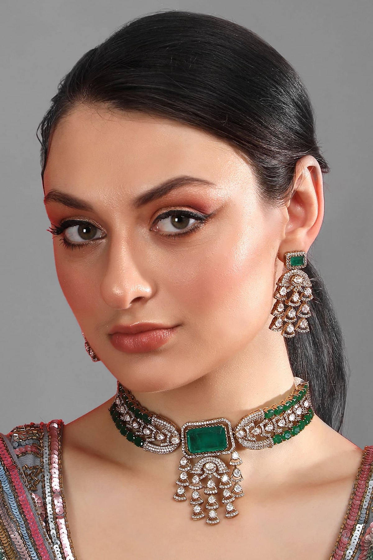 Kundan Green Bead Choker Necklace Set 