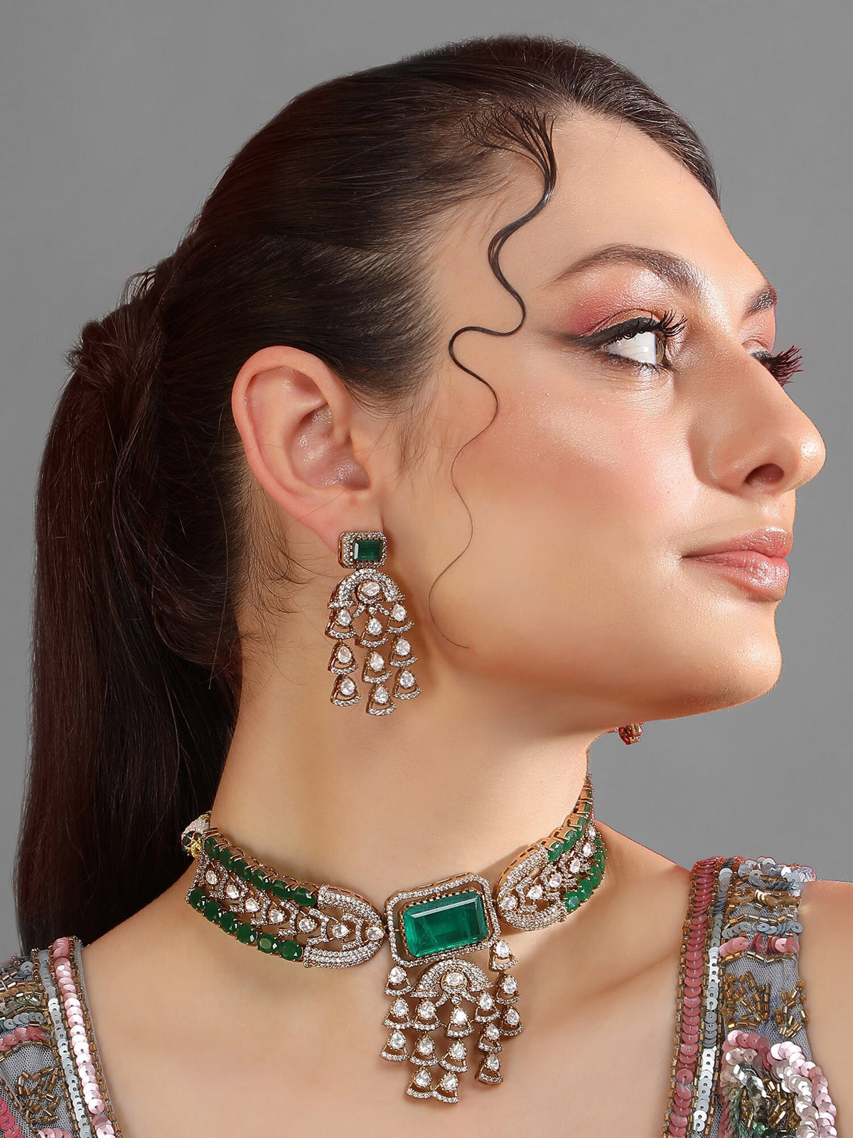 Kundan Green Bead Choker Necklace Set 