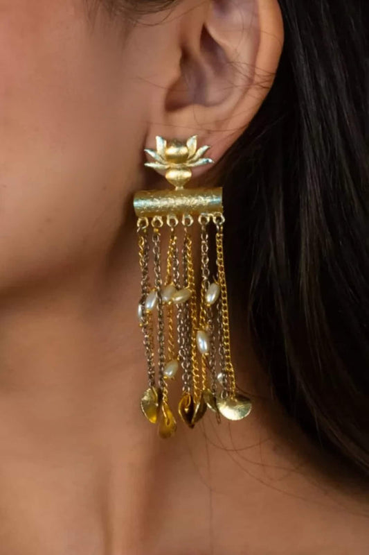 Gold Lotus Chain Earrings 