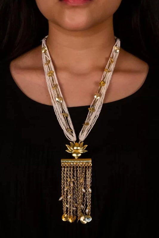 Gold Pearl Lotus Chain Necklace 