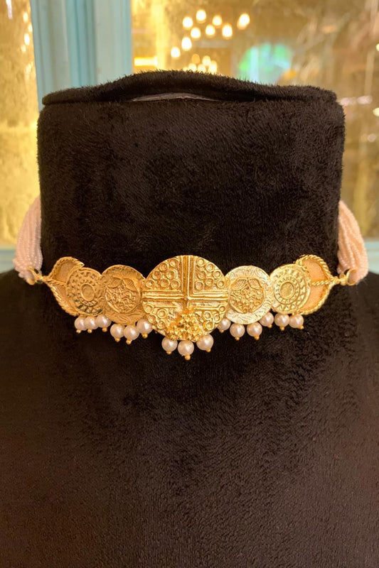Gold Coin Carved Choker Necklace 