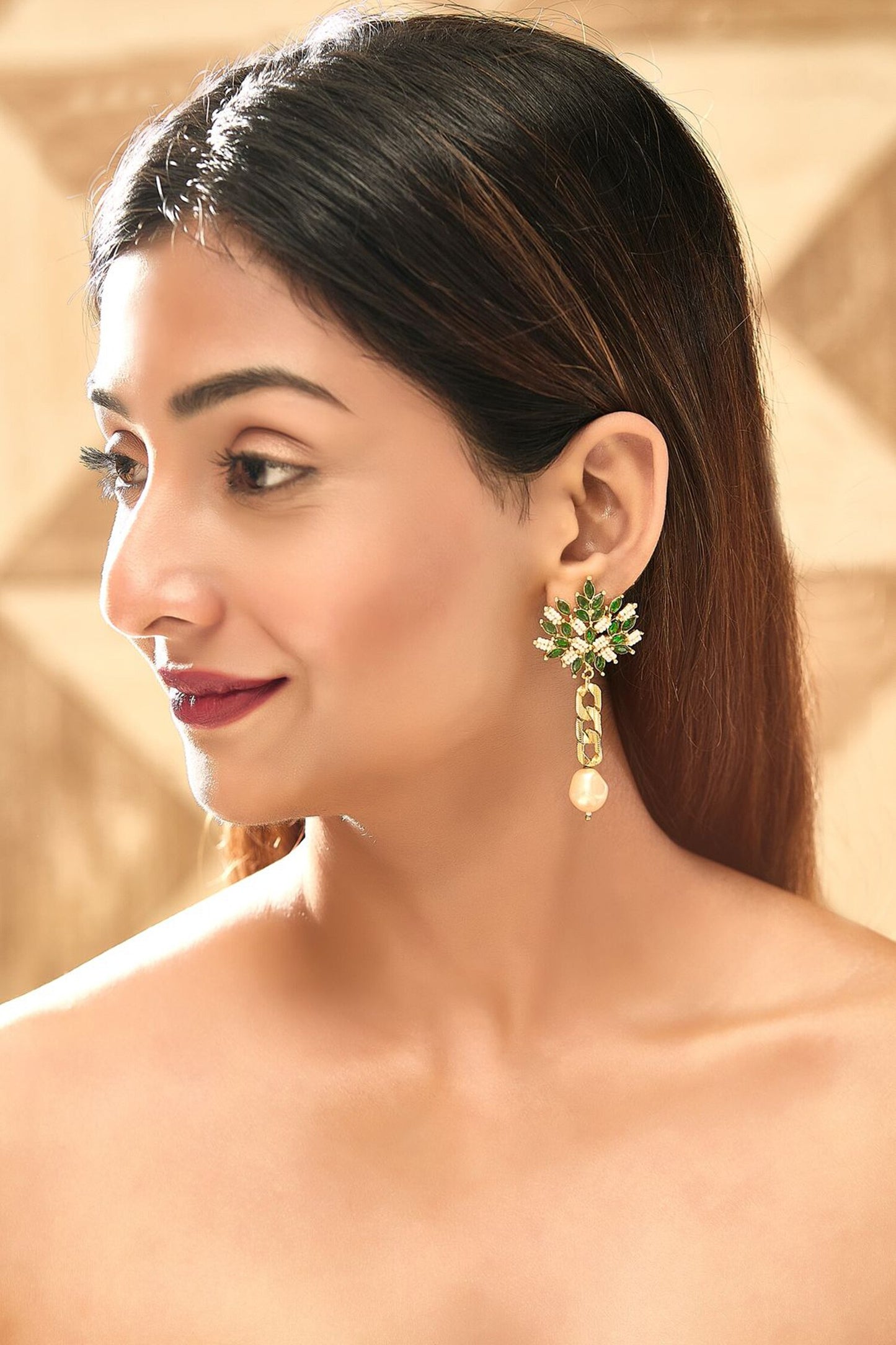 Emerald Stone Pearl Drop Earrings 