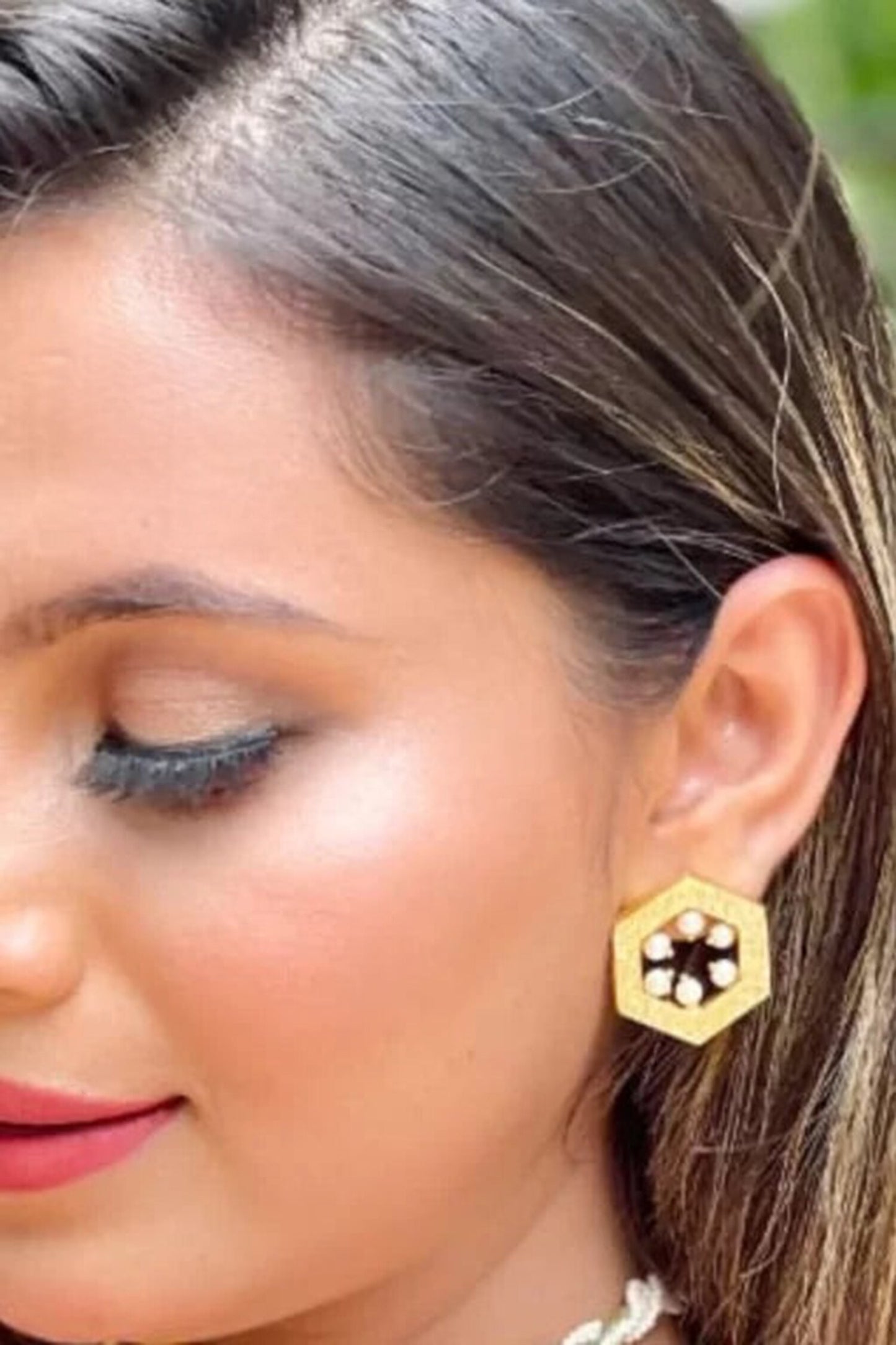 Hexagon Shaped Pearl Studs 