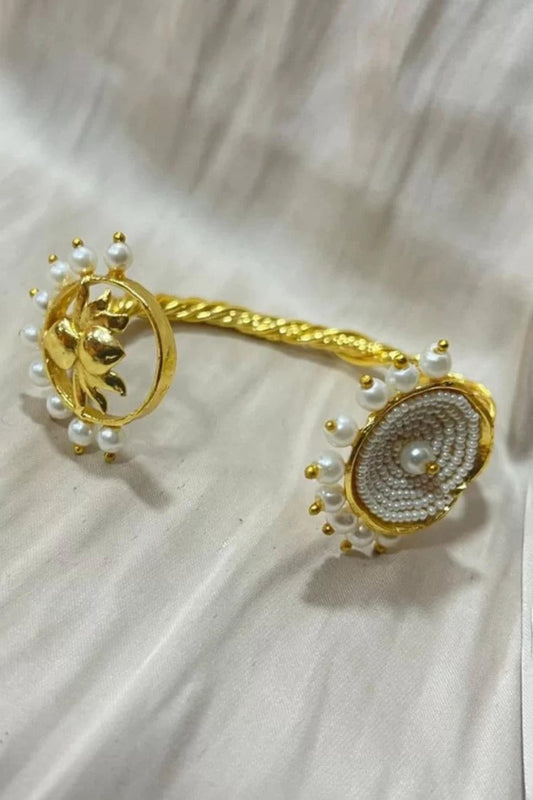 Gold Pearl Embellished Lotus Motif Bracelet 