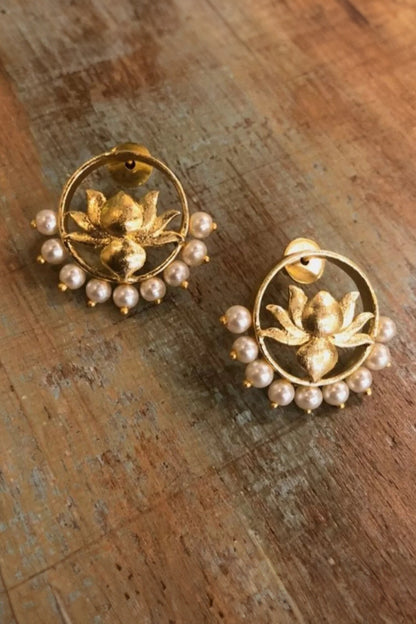 Gold Pearl Embellished Lotus Studs 
