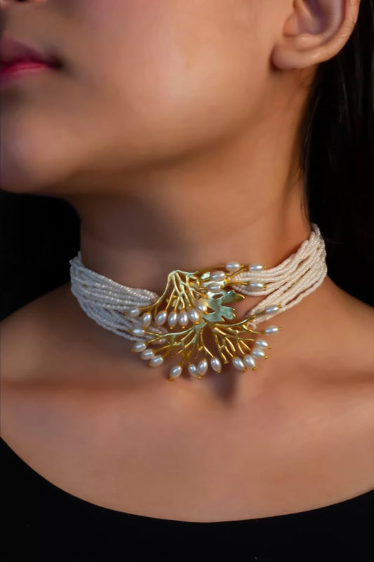 Pearl Embellished Multistrand Carved Choker Necklace 