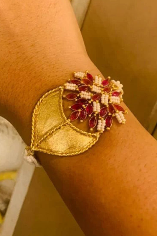 Ruby Stone & Pearl Embellished Bracelet 