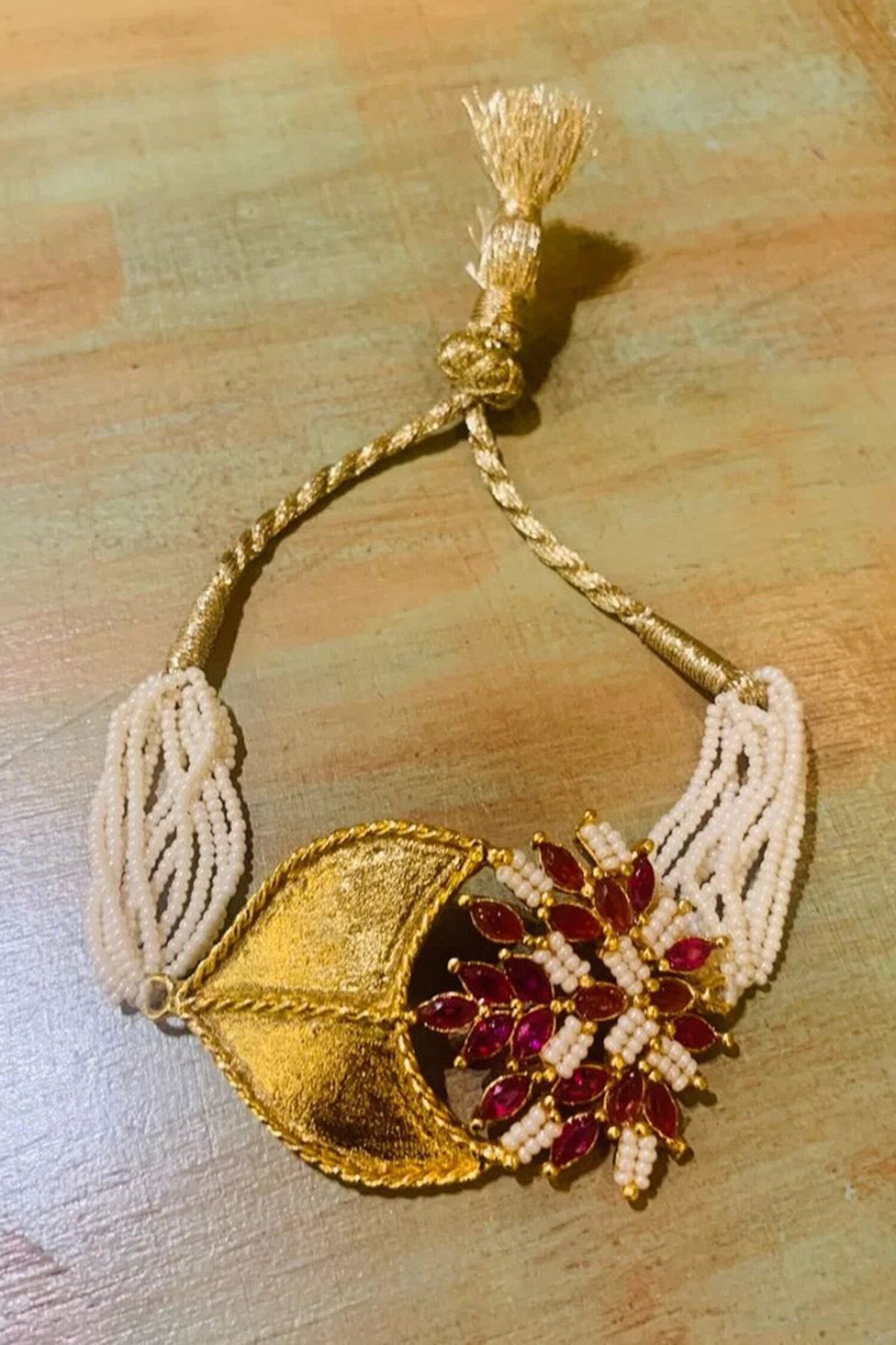 Ruby Stone & Pearl Embellished Bracelet 