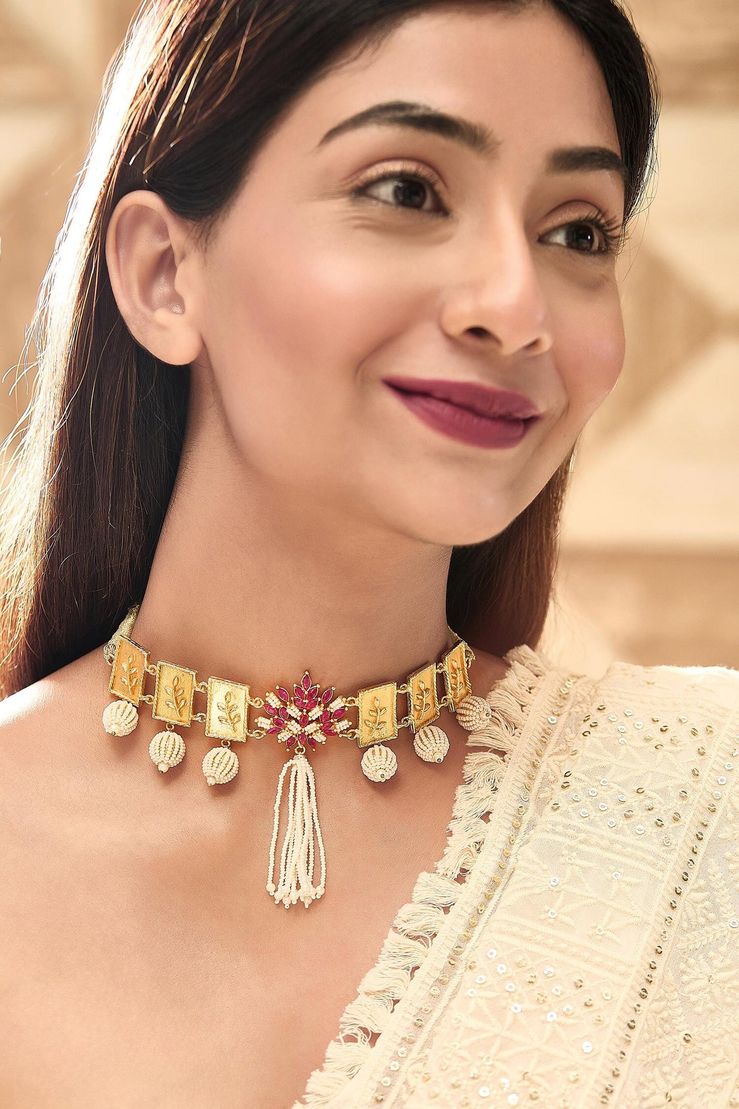 Pearl & Ruby Stone Embellished Choker 