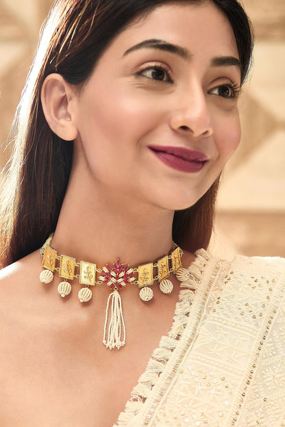 Pearl & Ruby Stone Embellished Choker 