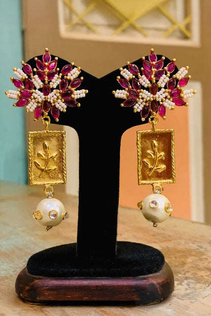 Ruby Stone & Pearl Drop Earrings 