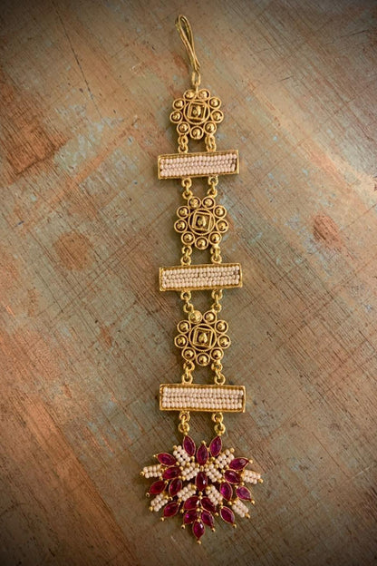 Ruby Stone & Pearl Maangtikka 