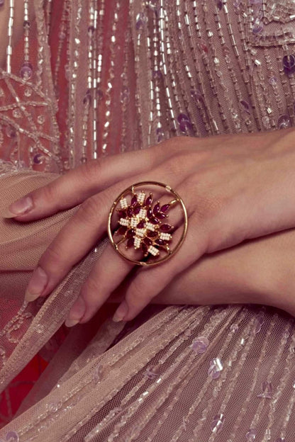 Ruby Stone & Pearl Embellished Ring 