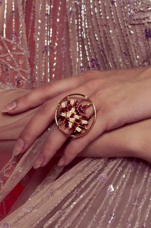Ruby Stone & Pearl Embellished Ring 
