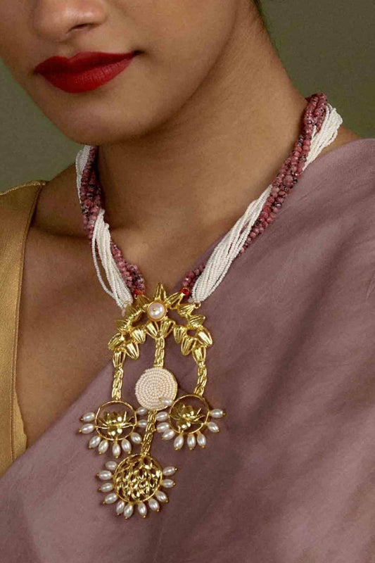 Gold Pearl Lotus Ring Trio Necklace 