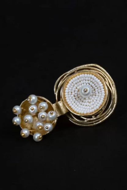 Gold Pearl Embellished Two Finger Ring 