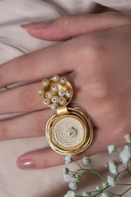 Gold Pearl Embellished Two Finger Ring 