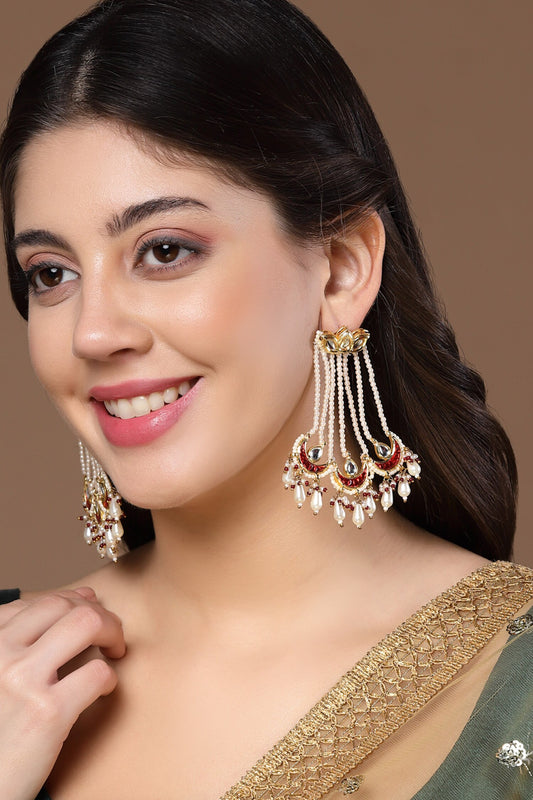 Gold Plated Kundan Pearl Drop Earrings 