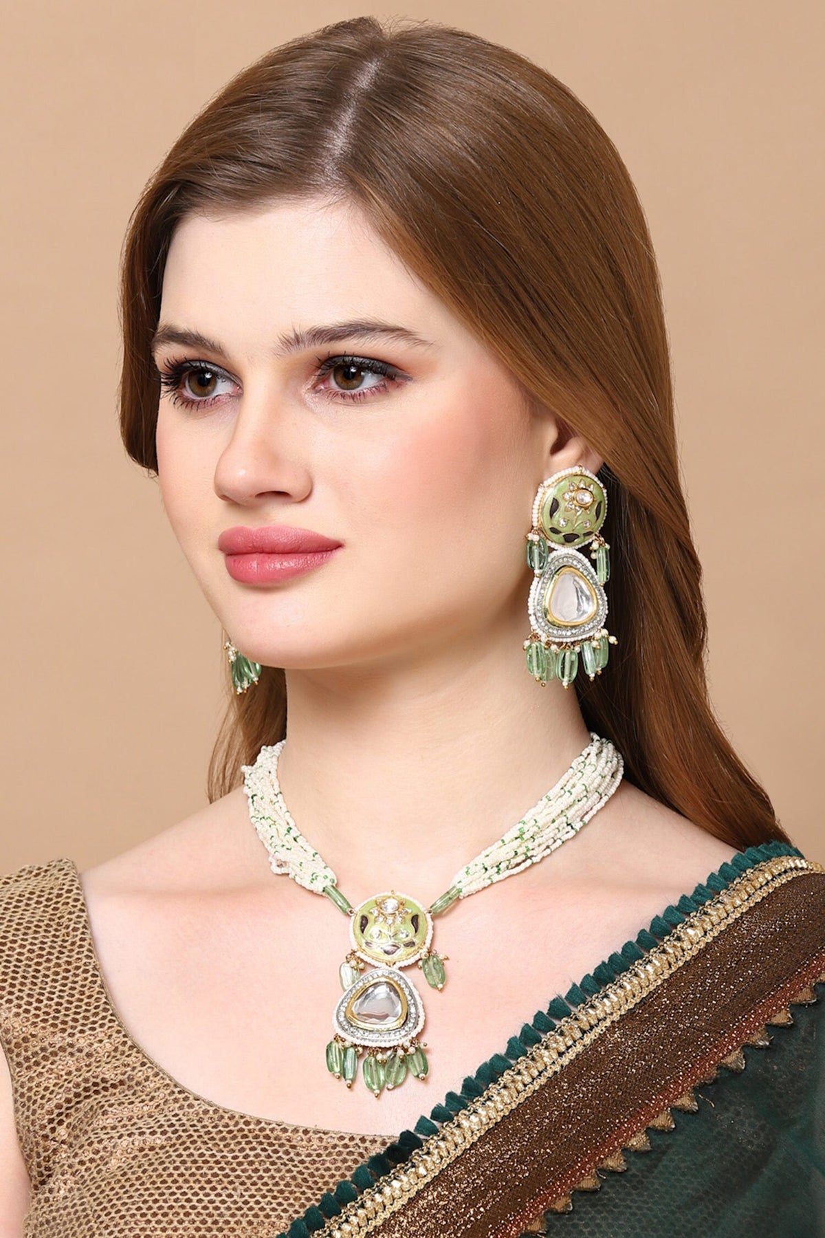 Gold Pearl Kundan Layered Necklace Set 