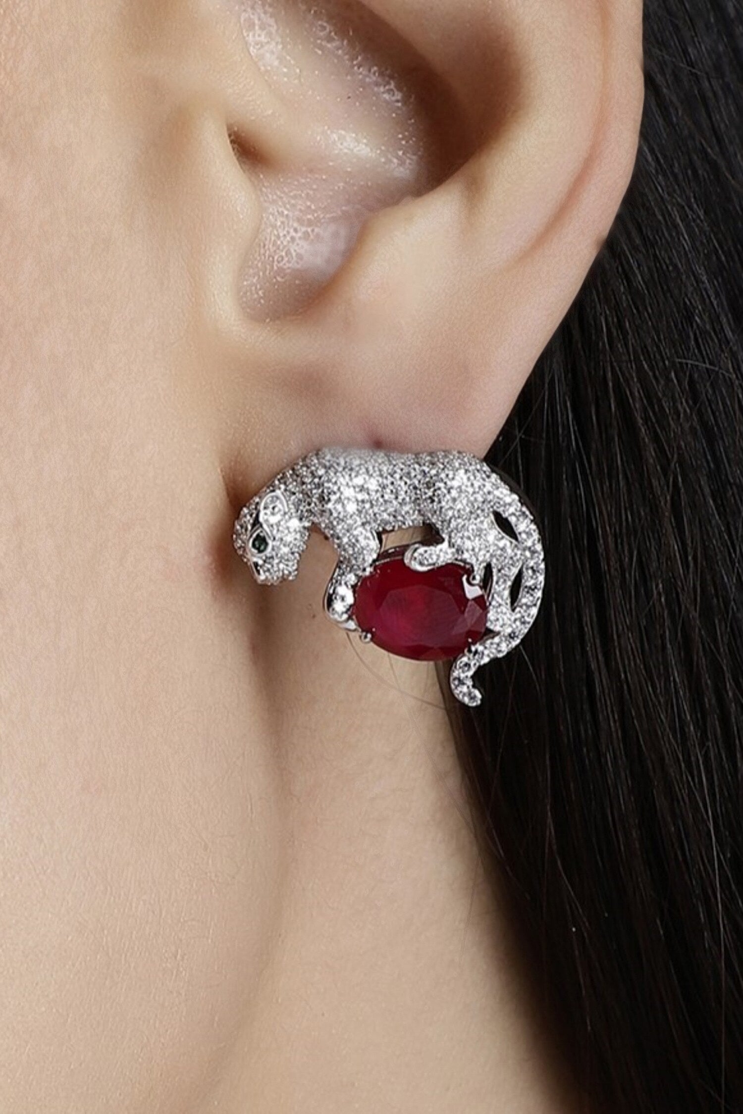 Silver Ruby Embellished Stud Earrings 