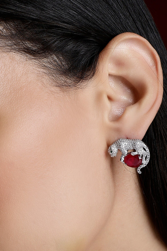Silver Ruby Embellished Stud Earrings 