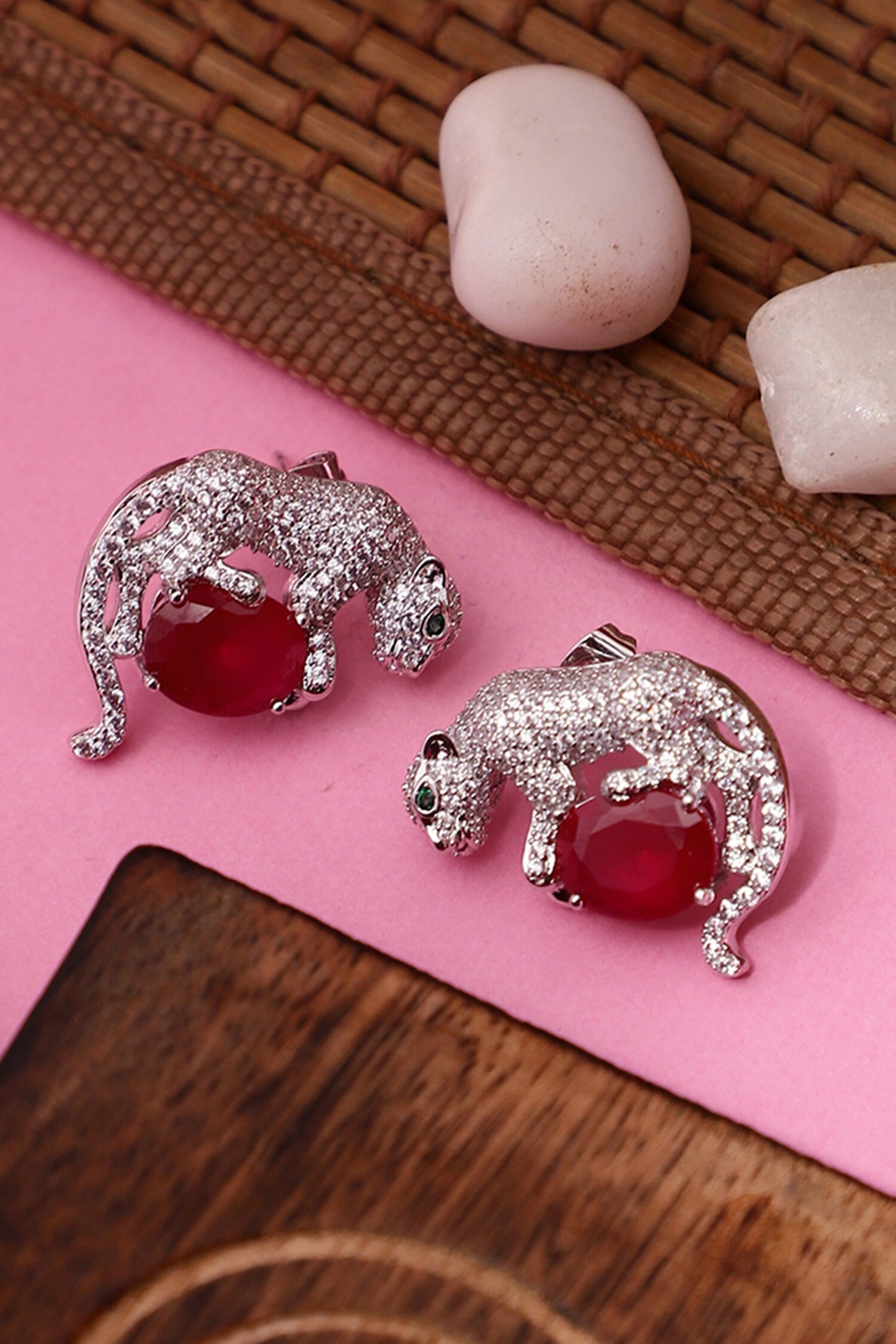 Silver Ruby Embellished Stud Earrings 