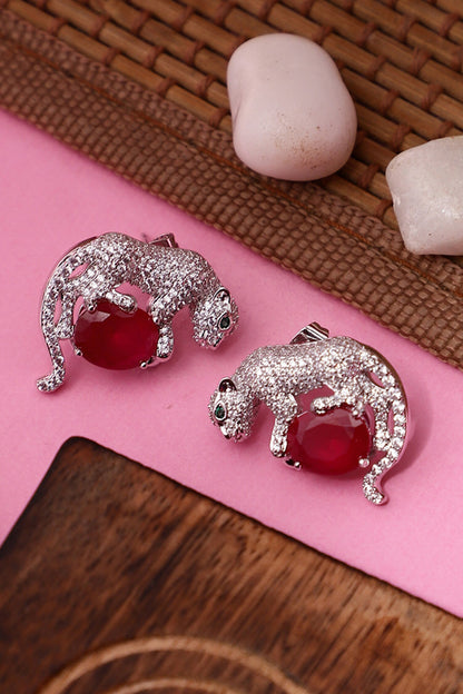 Silver Ruby Embellished Stud Earrings 