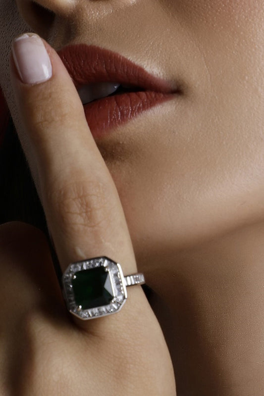 Natural Stone Embellished Silver Ring 