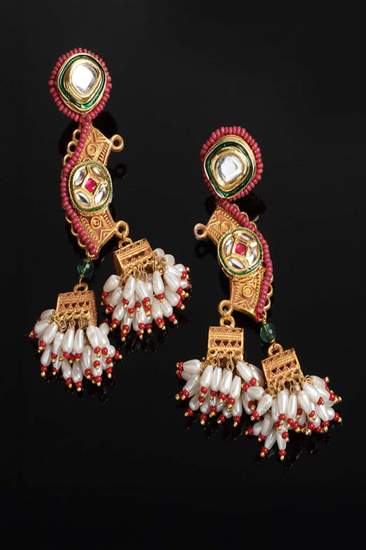 Gold Kundan Pearl Dangler Jhumka Earrings 
