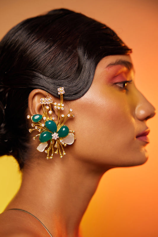 Gold & Green Stone Embellished Ear Cuff 