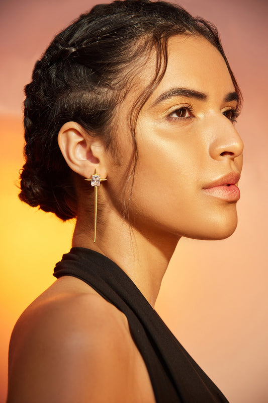 Gold & White Square Stone Dangler Earrings 