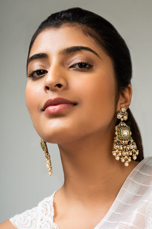 Geometric Pearl & Stone Dangler Earrings 